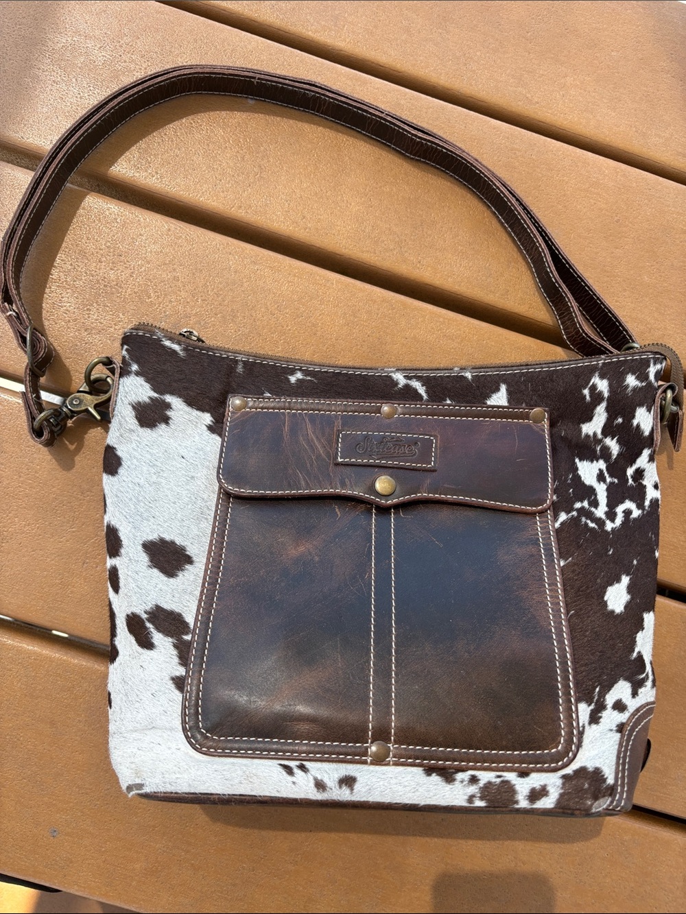 Genuine Leather & Cowhide Shoulder Bag - Brown/White Sixtease Myra
